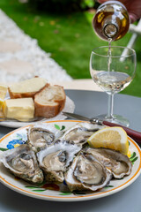 Plate with fresh live oysters with citron, bread, butter and white wine served at restaurant in oyster-farming village, Arcachon bay, Gujan-Mestras port, France