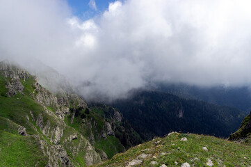 Fototapeta premium Green summer mountains, beautiful hills covered in green grass. Big fluffy clouds, or fog, over the mountains. Hiking season.