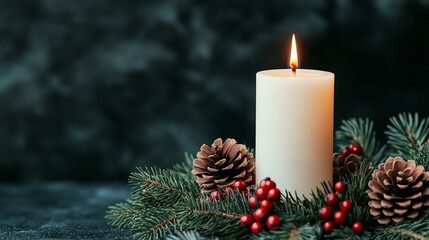 A serene Christmas candle surrounded by pine, cones, and berries, creating a warm, festive atmosphere for holiday celebrations.