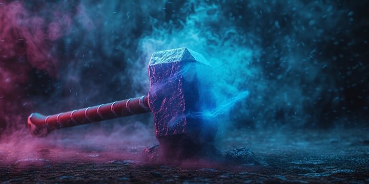 A mystical hammer surrounded by colorful smoke, creating a fantastical atmosphere. Ideal for fantasy and gaming themes, evoking adventure and power.