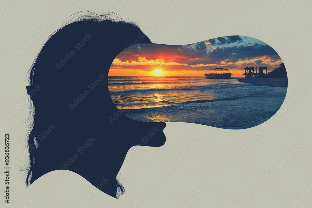 Poster Creative double exposure of a woman in a VR headset with a sunset beach scene within the silhouette symbolizing the blend of digital reality and serene natural environments