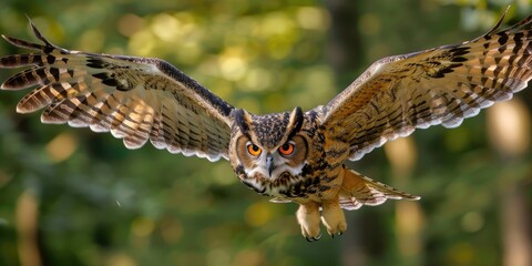 Fototapeta premium Eurasian Eagle Owl in Flight Displaying Typical Owl Behavior in Its Natural Environment
