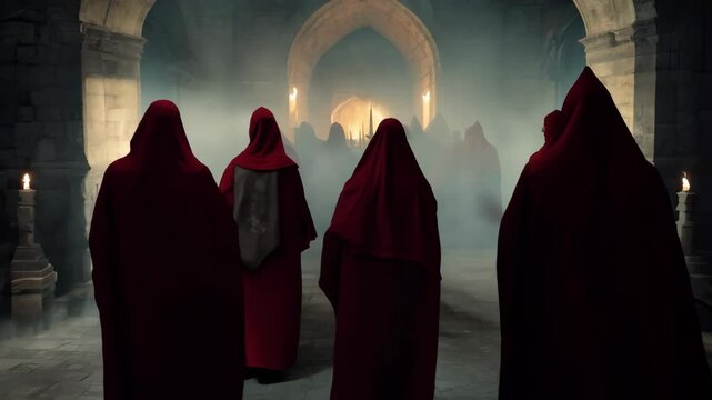 Hooded red figures gather in an ancient stone chamber during a mysterious ritual at dusk