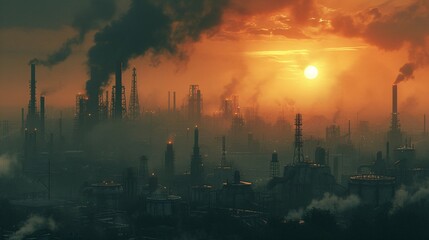 A dramatic view of an industrial landscape silhouetted against a vibrant sunset, showcasing smokestacks and pollution in a moody environment.