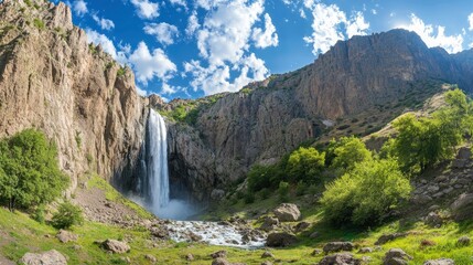 Panoramic image of Tortum (Uzundere) waterfall from down in Uzundere. Landscape view of Tortum Waterfall in Tortum,Erzurum,Turkey. Explore the world's beauty and wildlife , ai