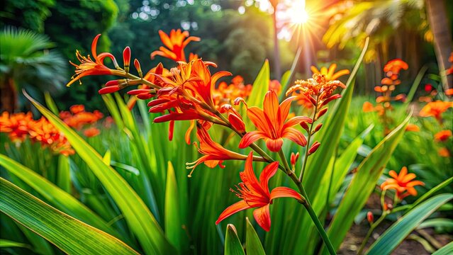 Vibrant orange Crocosmia flowers bloom in a lush green garden in Burma, Southeast Asia, surrounded by tropical foliage and warm sunlight filtering through the leaves.