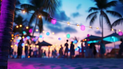A group of people are gathered on a beach at night, with colorful lights