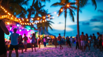 Fototapeta premium A group of people are partying on a beach at night