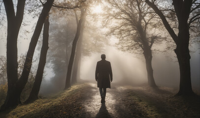 Fototapeta premium A man walks down a path in a foggy forest