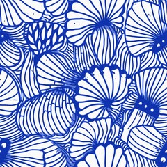 Azure blue white shell motif with linen seamless batik background, Modern coastal beach cottage rustic shell block print home decor pattern design in sealife beach style.