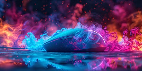 A sleek gaming mouse rests amidst swirling colorful smoke, creating a dynamic and futuristic ambiance perfect for tech enthusiasts and gamers.