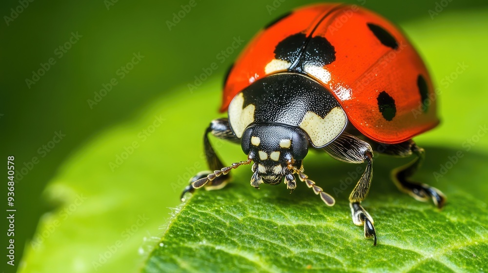 Wall mural A close-up of a ladybug on a green leaf.