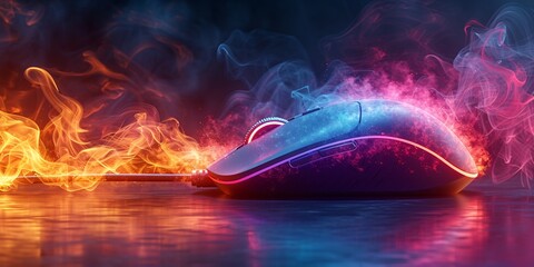 A sleek gaming mouse surrounded by vibrant flames and colorful smoke, showcasing a dynamic tech-inspired design perfect for gamers and digital enthusiasts.