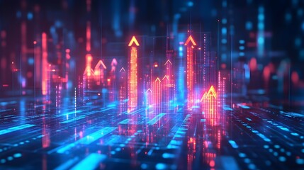 Obraz premium Futuristic Cityscape with Upward Arrows - Neon Lights