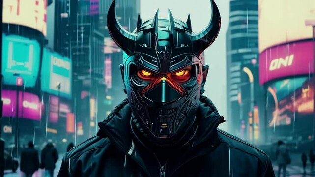 A cryptic figure in futuristic armor explores a rainy, neon-lit urban landscape at night