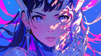 Naklejka premium Futuristic Anime Mech Robot Character in Tech Inspired Manga Wallpaper