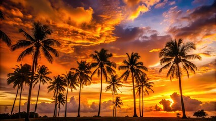 Vibrant orange sunset casts a warm glow on the tranquil landscape, with palm tree silhouettes standing tall against a serene, cloudy sky backdrop.