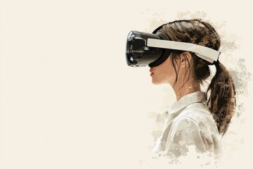A woman wearing a sleek VR headset experiences an abstract digital landscape blending soft textures and neutral tones to create a serene and minimalist virtual reality environment