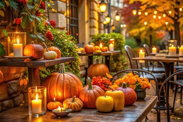 Vibrant outdoor cafe or restaurant terrace decorated with pumpkins, candles, and autumn leaves, evoking a warm and inviting Halloween atmosphere in a rustic American or European setting.
