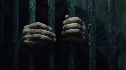 Close-Up of Hands Behind Bars: Desperate Man in Prison, Capturing Isolation, Confinement, and Incarceration