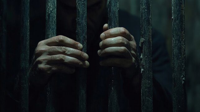 Close-Up of Hands Behind Bars: Desperate Man in Prison, Capturing Isolation, Confinement, and Incarceration