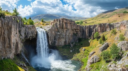 Panoramic image of Tortum (Uzundere) waterfall from down in Uzundere. Landscape view of Tortum Waterfall in Tortum,Erzurum,Turkey. Explore the world's beauty and wildlife , ai