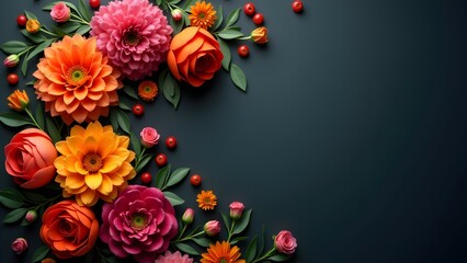 A corner floral arrangement with vibrant orange, pink, and red flowers against a dark background, accented by green leaves and berries