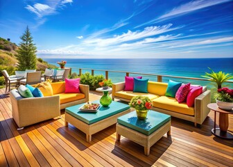 Fototapeta premium Vibrant patio deck with stylish outdoor furniture, colorful decor, and stunning ocean views, set against a brilliant blue sky with warm sunshine and gentle breeze.