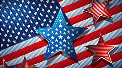 Vibrant patriotic graphic featuring stylized American flag elements, bold red and white stripes, and blue stars, perfect for Independence Day or USA-themed designs.