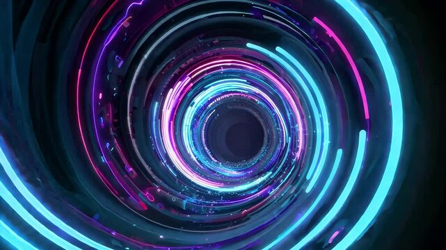 Abstract visualization of vibrant neon lights spiraling in a circular motion, creating a dynamic and futuristic atmosphere.