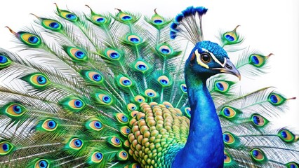 Fototapeta premium Vibrant peacock with majestic plumage spreads its stunning iridescent tail feathers against a crisp white background, showcasing its vibrant blues and emerald green hues.