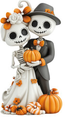 Fototapeta premium halloween pumpkin with day of the dead bride and groom, , isolated transparent png background