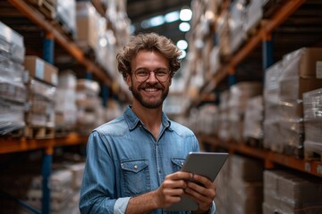 Cheerful male worker in denim shirt smiles while using a tablet in a busy warehouse filled with stacked boxes, illustrating modern logistics and supply chain management.