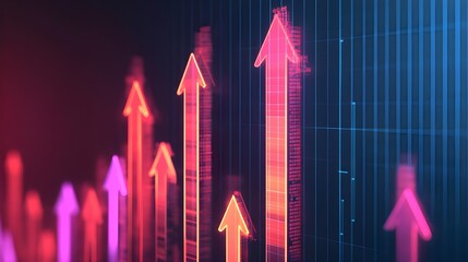 Fototapeta premium Red Neon Arrows Upward on Blue Background, Growth Concept