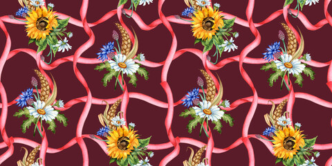 Blue cornflowers, daisies, sunflowers and ears of wheat and pink ribbon mesh on a burgundy background watercolor illustration. Wildflower botanical composition element isolated from background. 