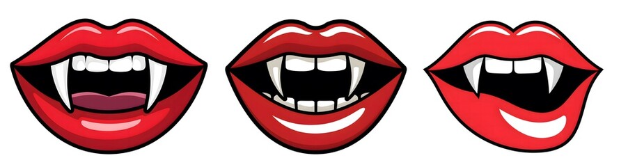 Obraz premium Trio of Stylized Vampire Lips Halloween Illustrations with Red Lips and Fangs in a Cartoonish Style on Transparent Background