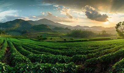 Landscape of peanuts plantation in countryside Thailand near mountain at evening with sunshine, industrial agriculture. 
