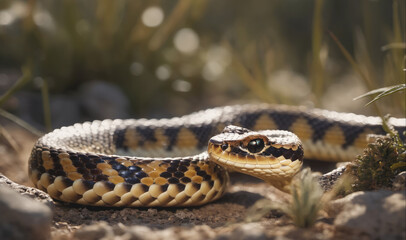 Obraz premium A viper rests on the ground, coiled and alert, with its dark eyes focused on the surrounding environment