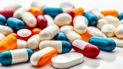 Assorted Colorful Capsules and Pills on White Background