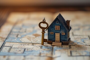 A charming blue miniature house with an antique key resting on a vintage map, symbolizing homeownership and exploration.