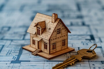 A detailed wooden house model rests on blueprints, symbolizing home design and real estate. Ideal for construction and housing-related content.