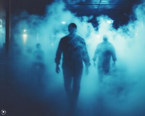 Fototapeta premium Eerie ambiance with dim lighting, fog machines, and ghostly figures in the background, Spooky, Cool Tones, Atmospheric