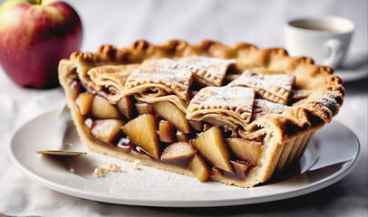 A slice of apple pie sits on a white plate, dusted with powdered sugar, with a whole apple in the background