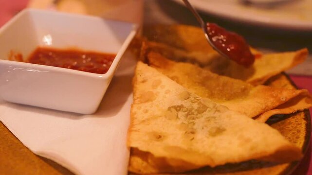 Pangsit goreng ( Indonesian Fried Dumplings )at an authentic Indonesian restaurant in the Netherlands