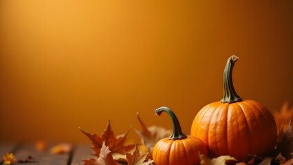Two pumpkins on a wooden surface with scattered autumn leaves, set against a warm orange background