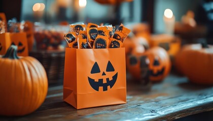 Halloween party favors like mini pumpkins, spooky stickers, and candy bags, given to guests as they leave, Festive, Warm Glow, Detailed