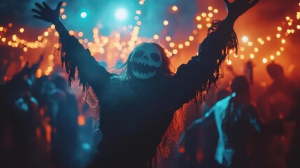 Fototapeta premium Halloween party with guests in spooky costumes, dancing under eerie lights, Festive, Cool Tones, High Energy