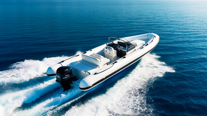 Luxury speedboat cruising through the deep blue ocean, high-speed marine adventure