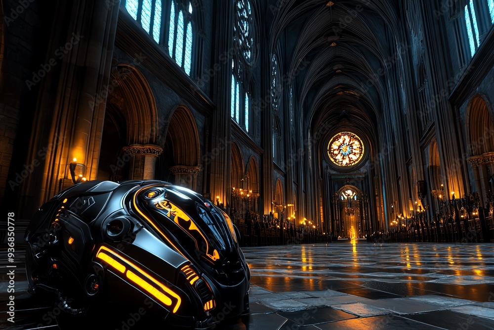 Poster a stunning futuristic interior with dramatic lighting and a sleek robotic object, blending technolog