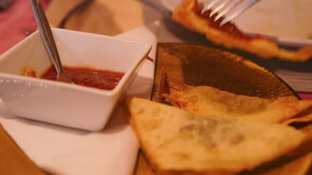 Pangsit goreng ( Indonesian Fried Dumplings )at an authentic Indonesian restaurant in the Netherlands